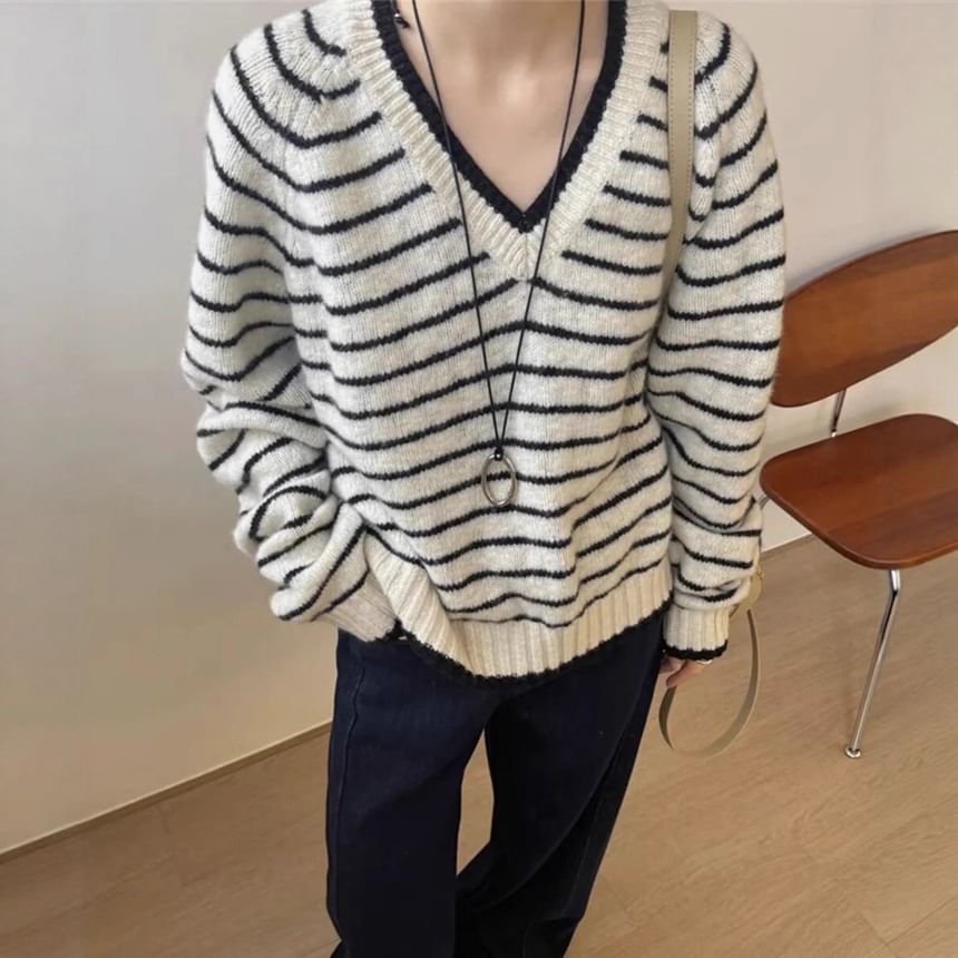 Striped V-Neck Knit Sweater