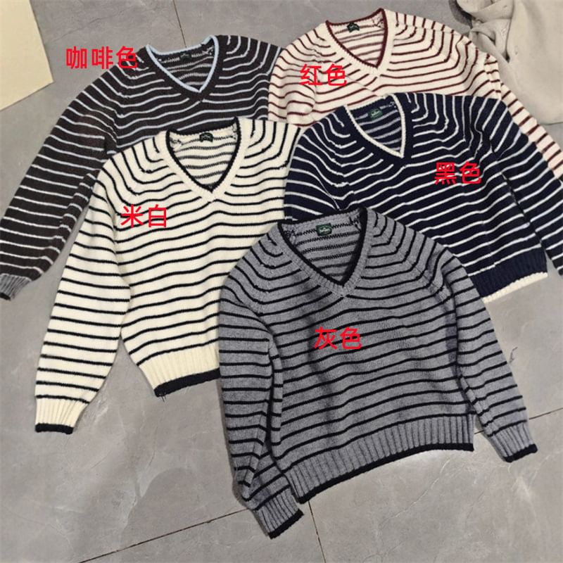 Striped V-Neck Knit Sweater