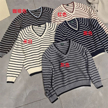 Striped V-Neck Knit Sweater