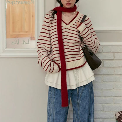 Striped V-Neck Knit Sweater