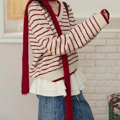 Striped V-Neck Knit Sweater