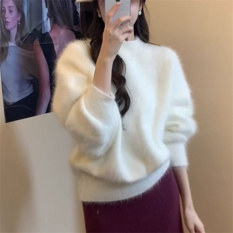 Plain Fluffy Crew-Neck Sweater