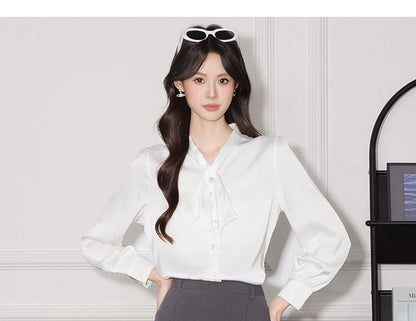 Plain Satin Long-Sleeved Blouse