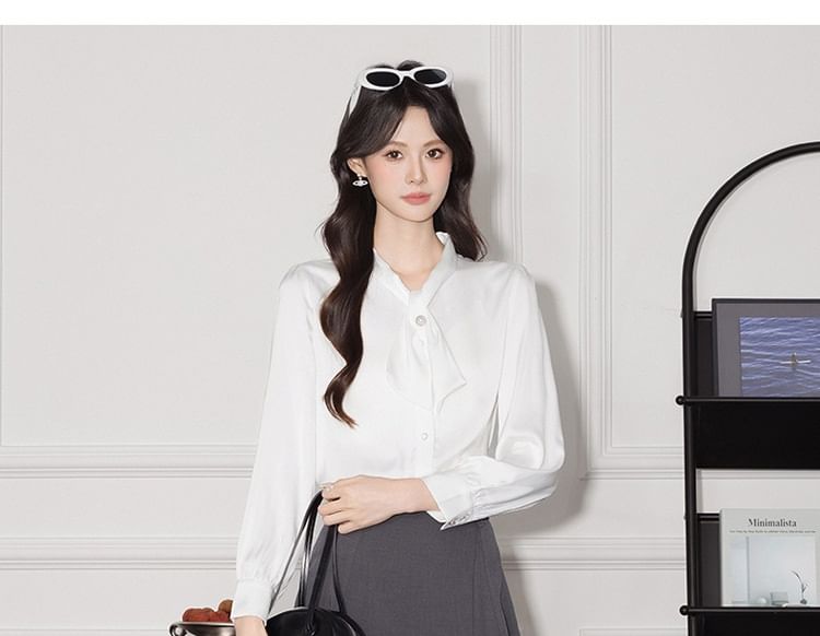 Plain Satin Long-Sleeved Blouse