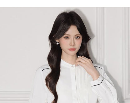 Contrast-Seam Band-Collar Satin Long-Sleeved Blouse