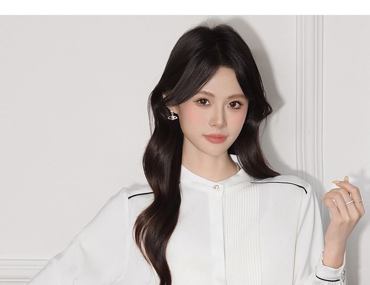 Contrast-Seam Band-Collar Satin Long-Sleeved Blouse