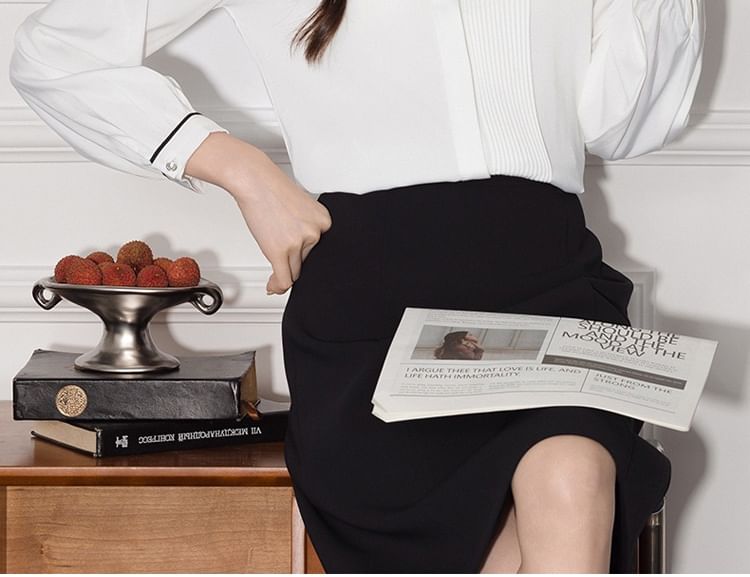 Contrast-Seam Band-Collar Satin Long-Sleeved Blouse