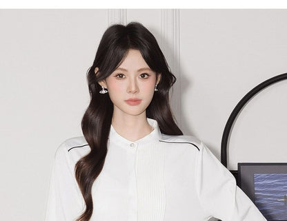 Contrast-Seam Band-Collar Satin Long-Sleeved Blouse