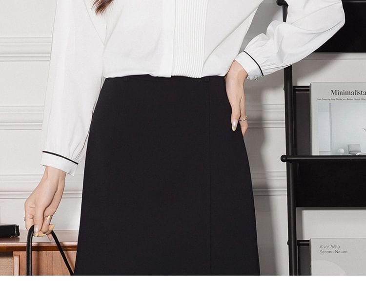Contrast-Seam Band-Collar Satin Long-Sleeved Blouse