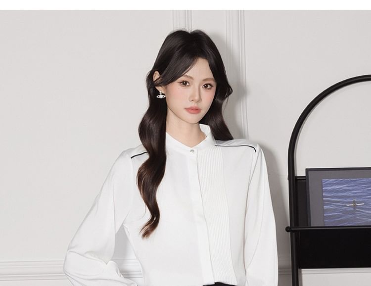Contrast-Seam Band-Collar Satin Long-Sleeved Blouse