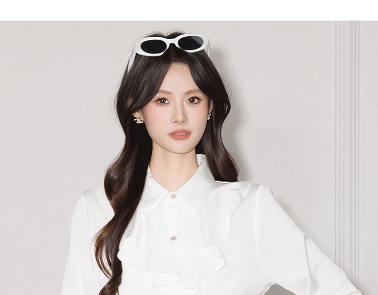 Plain Ruffle Satin Collared Long-Sleeved Blouse