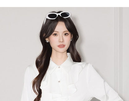 Plain Ruffle Satin Collared Long-Sleeved Blouse
