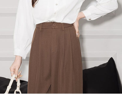 Plain Ruffle Satin Collared Long-Sleeved Blouse