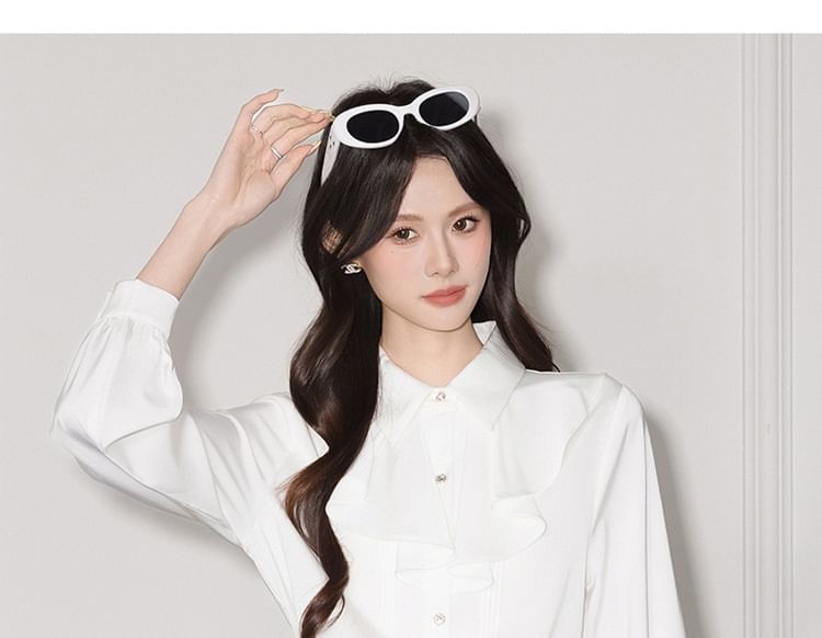 Plain Ruffle Satin Collared Long-Sleeved Blouse