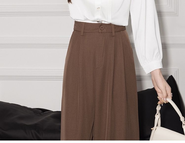 Plain Ruffle Satin Collared Long-Sleeved Blouse
