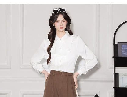 Plain Ruffle Satin Collared Long-Sleeved Blouse