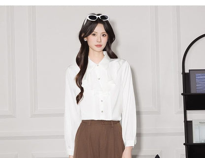 Plain Ruffle Satin Collared Long-Sleeved Blouse