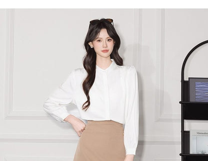 Band-Collar Sleeved Plain Casual Blouse