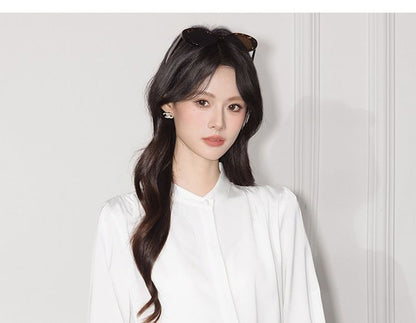 Band-Collar Sleeved Plain Casual Blouse