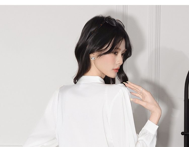 Band-Collar Sleeved Plain Casual Blouse