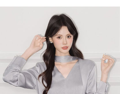 Plain V-Neck Tie-Up Satin Long-Sleeved Blouse