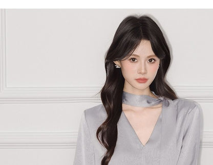 Plain V-Neck Tie-Up Satin Long-Sleeved Blouse