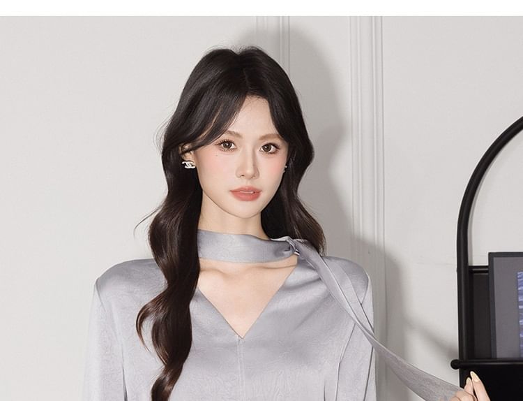 Plain V-Neck Tie-Up Satin Long-Sleeved Blouse