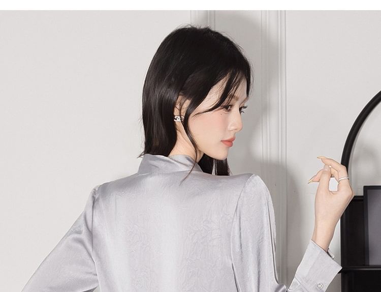 Plain V-Neck Tie-Up Satin Long-Sleeved Blouse