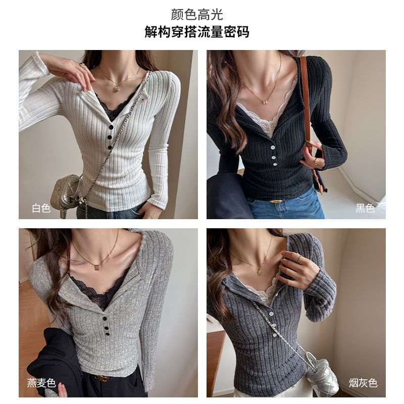 Lace-Paneled Ribbed Slim Sleeved Henley Tee