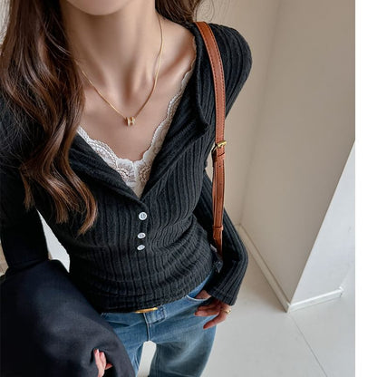 Lace-Paneled Ribbed Slim Sleeved Henley Tee