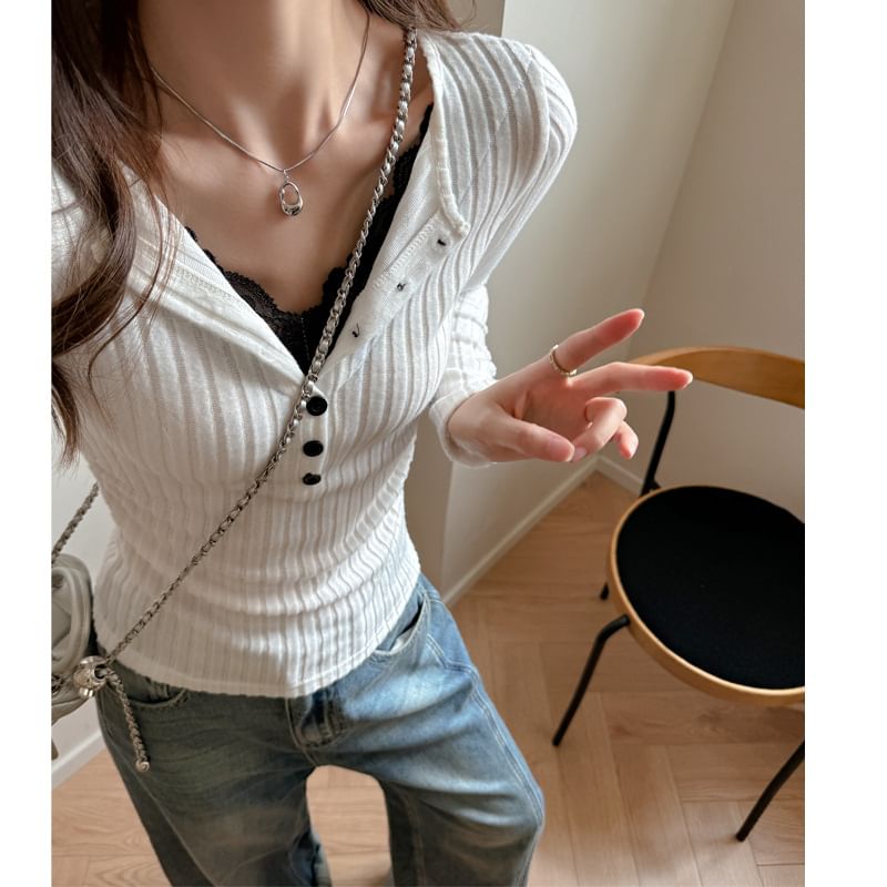 Lace-Paneled Ribbed Slim Sleeved Henley Tee