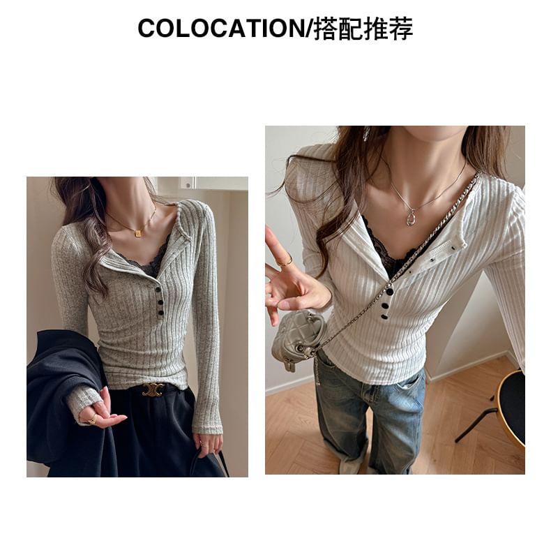 Lace-Paneled Ribbed Slim Sleeved Henley Tee