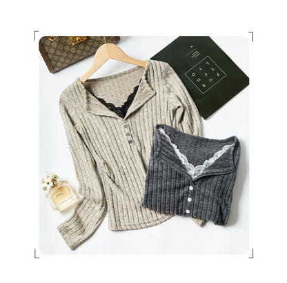 Lace-Paneled Ribbed Slim Sleeved Henley Tee