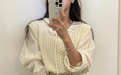 Sleeved Basic Shirt & V-Neck Knit Sweater Vest
