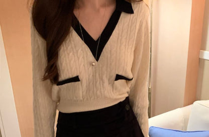 Two-Tone Cable-Knit V-Neck Long-Sleeved Polo Top