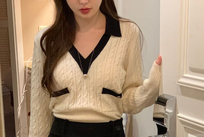 Two-Tone Cable-Knit V-Neck Long-Sleeved Polo Top