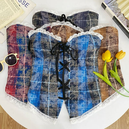 Plaid Lace-Trimmed Strapless Tube Top