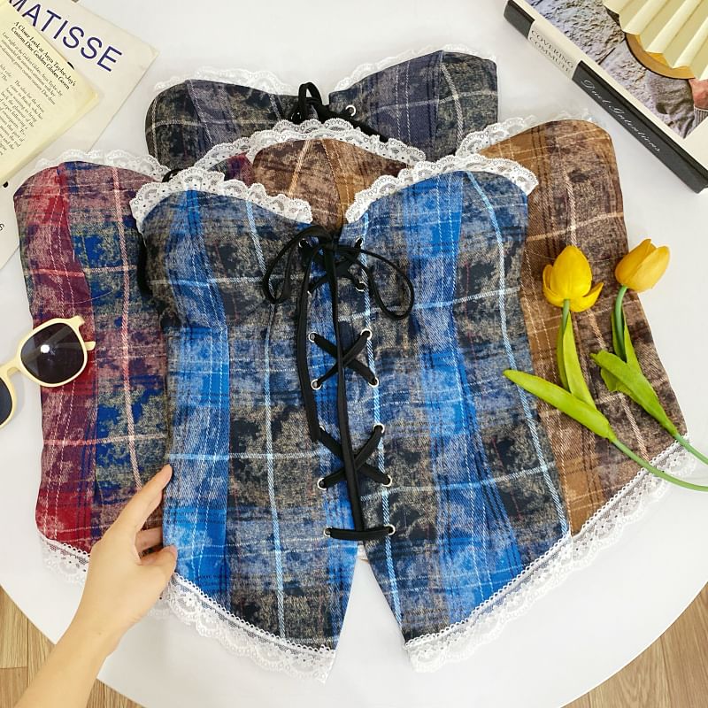 Plaid Lace-Trimmed Strapless Tube Top
