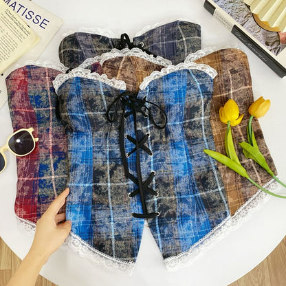 Plaid Lace-Trimmed Strapless Tube Top