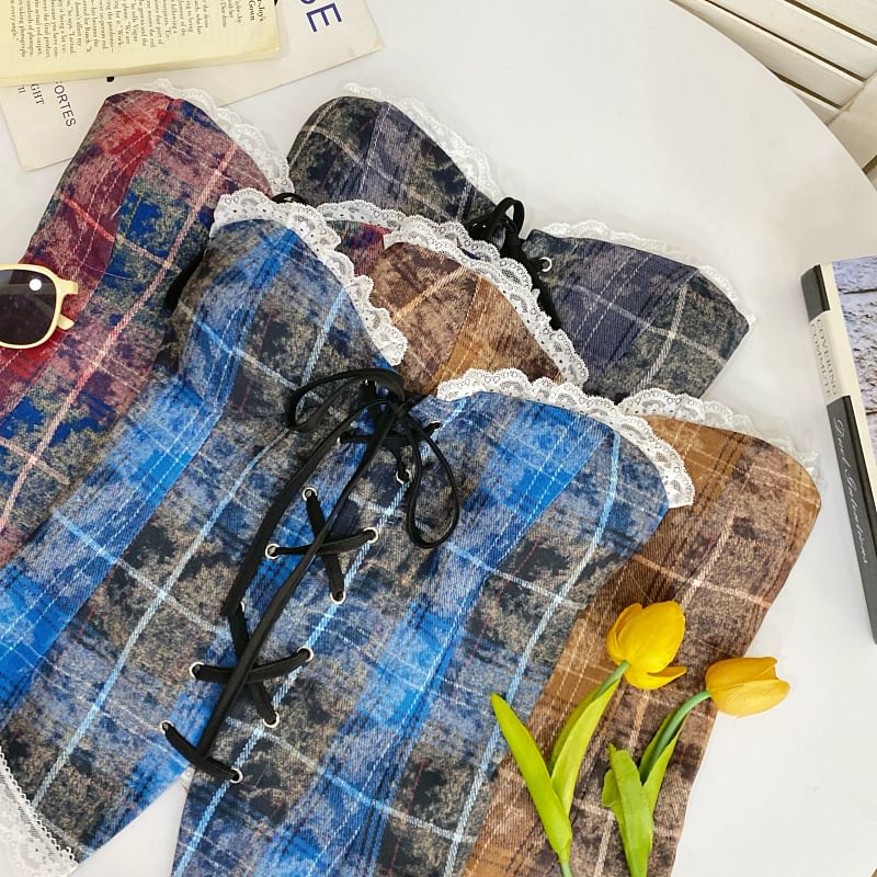 Plaid Lace-Trimmed Strapless Tube Top