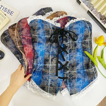 Plaid Lace-Trimmed Strapless Tube Top