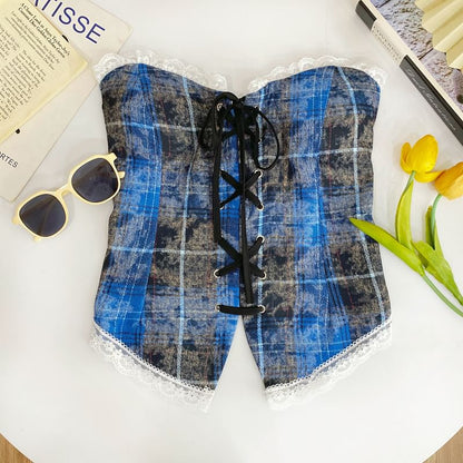 Plaid Lace-Trimmed Strapless Tube Top