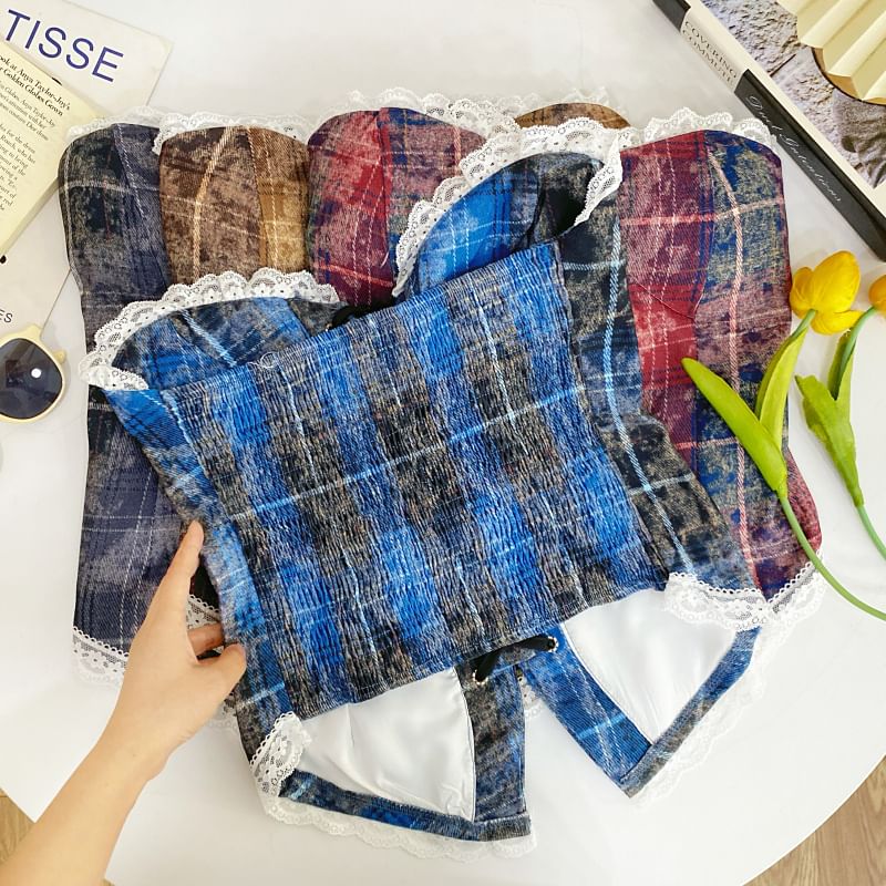 Plaid Lace-Trimmed Strapless Tube Top