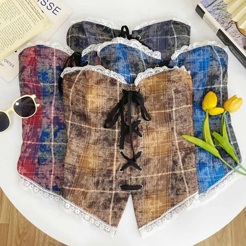 Plaid Lace-Trimmed Strapless Tube Top