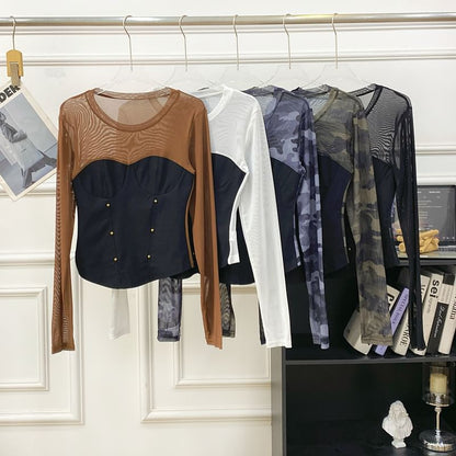 Round-Neck Sleeved Sheer-Paneled Top