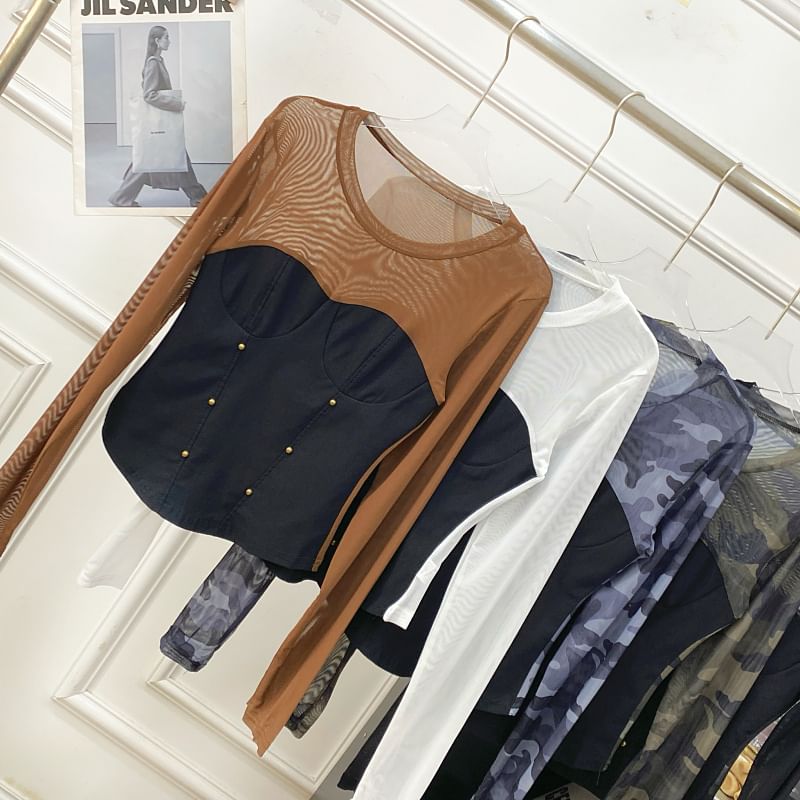 Round-Neck Sleeved Sheer-Paneled Top