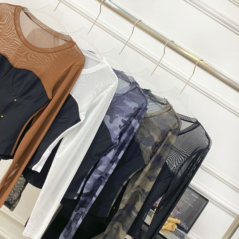 Round-Neck Sleeved Sheer-Paneled Top