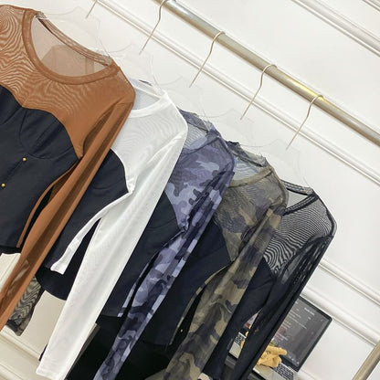 Round-Neck Sleeved Sheer-Paneled Top