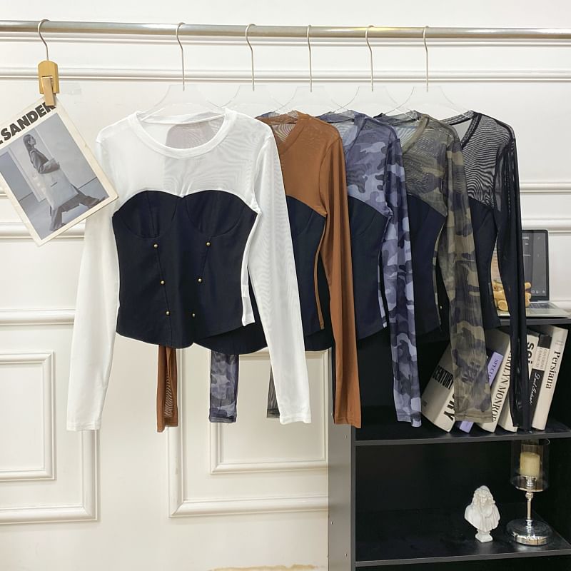 Round-Neck Sleeved Sheer-Paneled Top