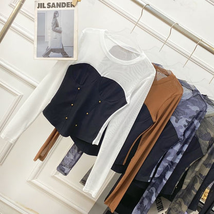 Round-Neck Sleeved Sheer-Paneled Top
